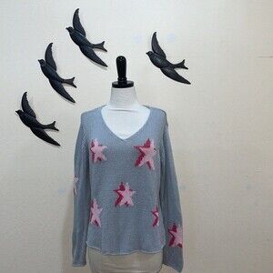 Wooden Ships Pink & Gray Star V Neck Crochet Slouchy Long Sleeve Sweater - S/M